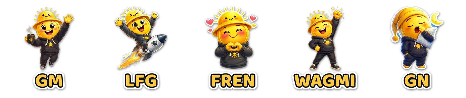 Five GMFREN Telegram stickers in a row: GM, LFG, FREN, WAGMI and GN